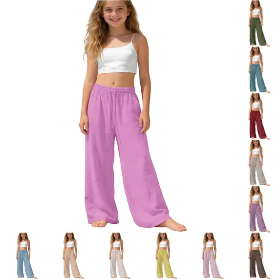 Krdevn Back to Solid Drawstring Linen Wide Leg Pants 10-11 Years,Hot Pink