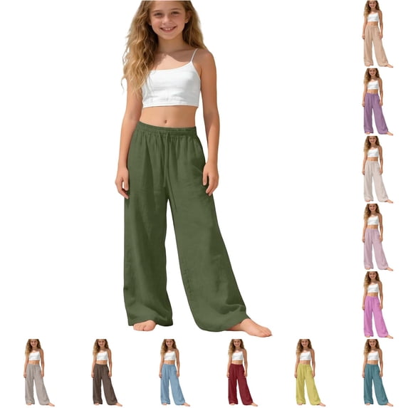 Krdevn Back to Solid Drawstring Linen Wide Leg Pants 12-13 Years,Army Green