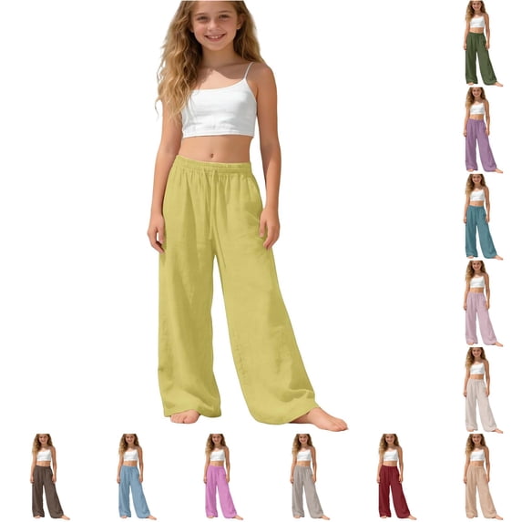 Krdevn Back to Solid Drawstring Linen Wide Leg Pants 14-15 Years,Yellow