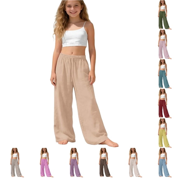 Krdevn Back to Solid Drawstring Linen Wide Leg Pants 5-6 Years,Khaki