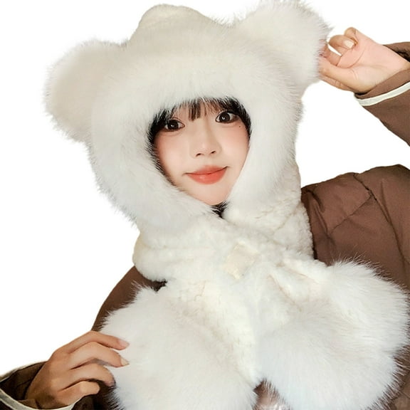 Krdevn Bear Ear Knit and Scarf for Fall and Winter Thick Warm Hooded Scarf Combination,Size:One Size