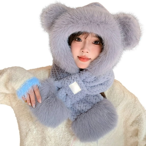 Krdevn Bear Ear Knit and Scarf for Fall and Winter Thick Warm Hooded Scarf Combination,Size:One Size