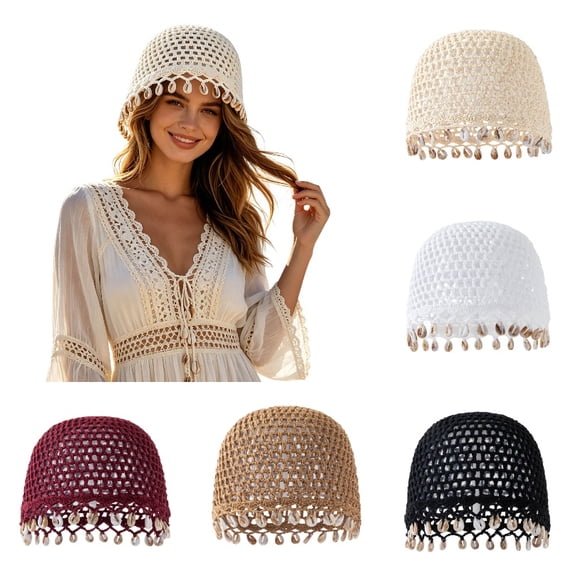 Krdevn Bohemian Crochet Hat Handmade Shell Lightweight Boho Cap for Beach and Travel,One Size