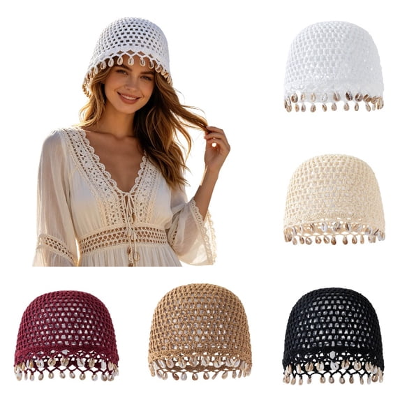 Krdevn Bohemian Crochet Hat Handmade Shell Lightweight Boho Cap for Beach and Travel,One Size