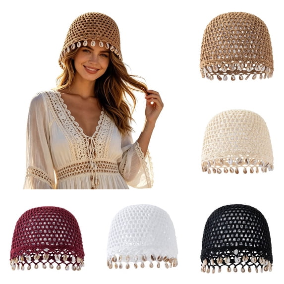 Krdevn Bohemian Crochet Hat Handmade Shell Lightweight Boho Cap for Beach and Travel,One Size
