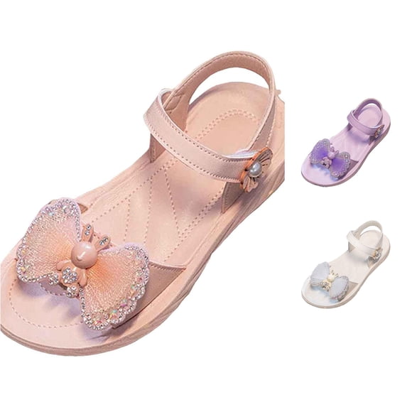 Krdevn Bow Rhinestone Ankle Strap Sandals Open Toe Platform Flat Heel Summer Footwear (Little Girls, Big Girls),6-7 Years