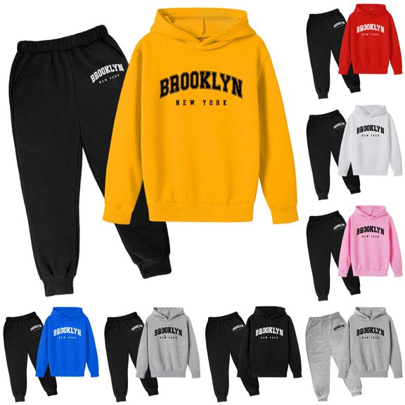 Krdevn Boys 2 Piece Fall Winter Outfit Brooklyn New York Arch Print Hoodie and Graphic Jogger Pants Sweatsuit Set 3-4 Years,Yellow