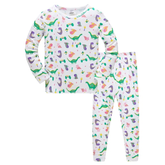 Krdevn Boys 2-Piece Pajama Set, Snug Fit Cotton Sleepwear, Long Sleeve Top and Pants, Colorful Dinosaur Allover Print Size:2-3 Years