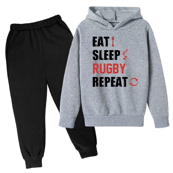 Krdevn Boys 2 Piece Set Eat Sleep Rugby Repeat Graphic Hoodie and Solid Jogger Pants Spring Fall Winter Casual Outfit Size:13-14 Years