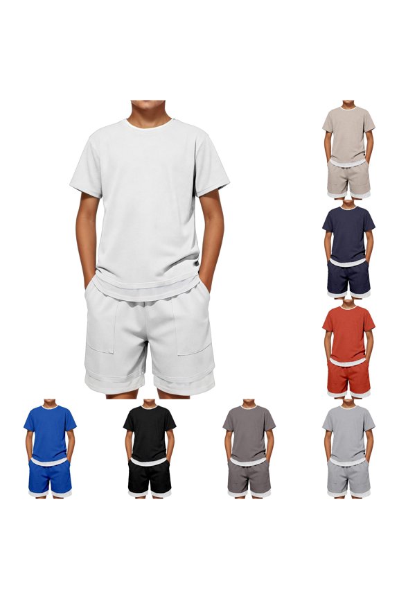 Boys 2 Piece Waffle Knit Outfit Layered Look Short Sleeve Tee and Shorts Set,4-5 Years
