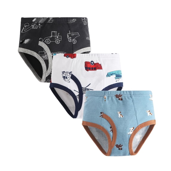 Krdevn Boys Brief Underwear 3 Pack Soft Cotton Construction Fire Truck Puppy Dog Print Toddler Little Kids Stretch Daily Undies Size:150