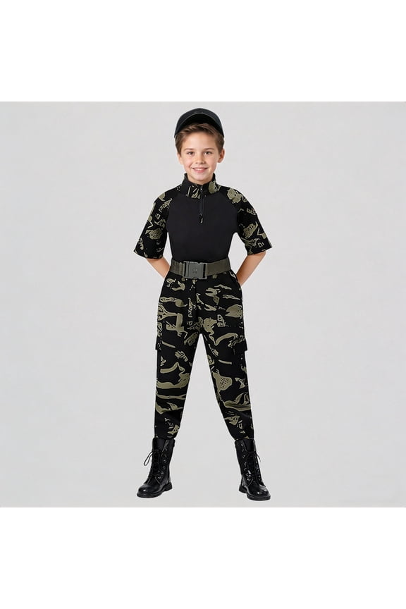 Boys Camouflage Set Training Outfit for Camping Adventure & Outdoor Activities with Hat & Belt,11-12 Years
