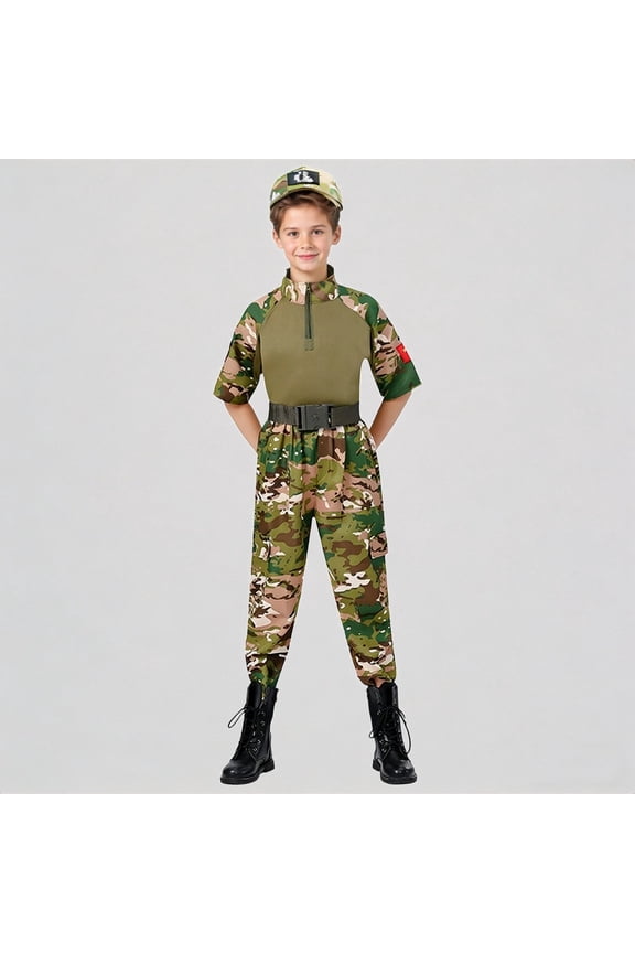 Boys Camouflage Set Training Outfit for Camping Adventure & Outdoor Activities with Hat & Belt,4-5 Years