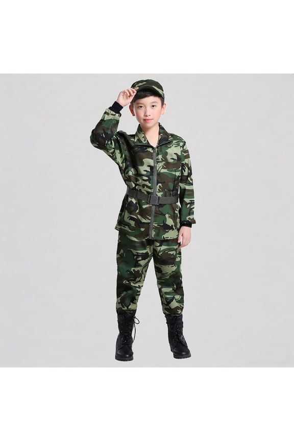 Boys' Camouflage Military Uniform Set Kids Soldier Costume with Cap & Belt,11-12 Years