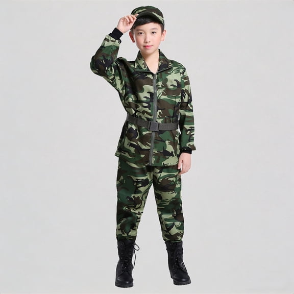 Krdevn Boys' Camouflage Military Uniform Set Kids Soldier with Cap & Belt,12-24 Months