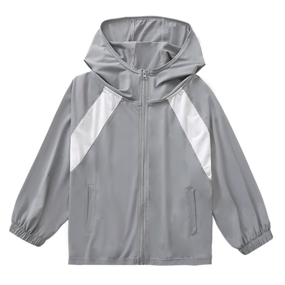 Krdevn Boys Color Block Hooded Zip Up Lightweight Windbreaker Jacket with Side Pockets Grey,14-15 Years