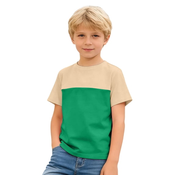 Krdevn Boys Color Block T-Shirt Soft Cotton Crew Neck Short Sleeve for Kids Daily Casual Wear School Play Outdoor Activities Size:4-5 Years