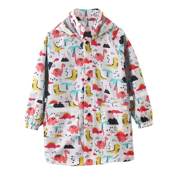 Krdevn Boys Dinosaur Hooded Raincoat High Vis Reflective Stripe Waterproof Windproof Snap Front Dual Pocket Elastic Rain Jacket for School Commute Outdoor Play Color:White,Size:2-3 Years