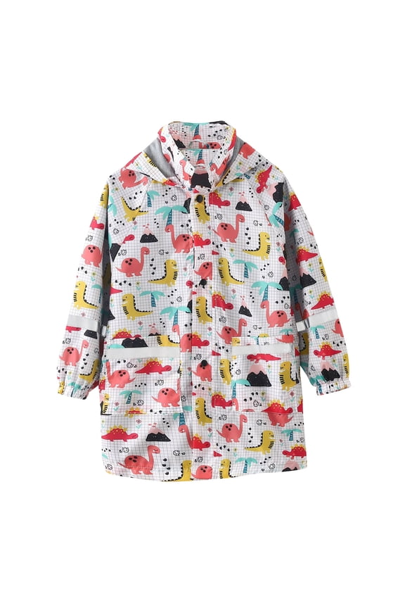 Krdevn Boys Dinosaur Hooded Raincoat High Vis Reflective Stripe Waterproof Windproof Snap Front Dual Pocket Elastic Rain Jacket for School Commute Outdoor Play Color:White,Size:2-3 Years