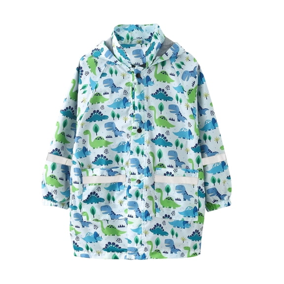Krdevn Boys Dinosaur Hooded Raincoat High Vis Reflective Stripe Waterproof Windproof Snap Front Dual Pocket Elastic Rain Jacket for School Commute Outdoor Play Color:Sky Blue,Size:2-3 Years