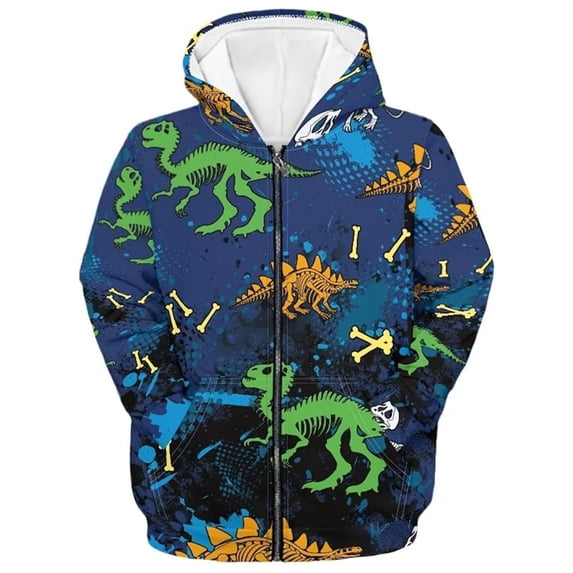 Krdevn Boys Dinosaur Skeleton Bone All Over Print Full Zip Lined Hoodie Kangaroo Pocket Soft Casual Outdoor Sweatshirt,3-4 Years