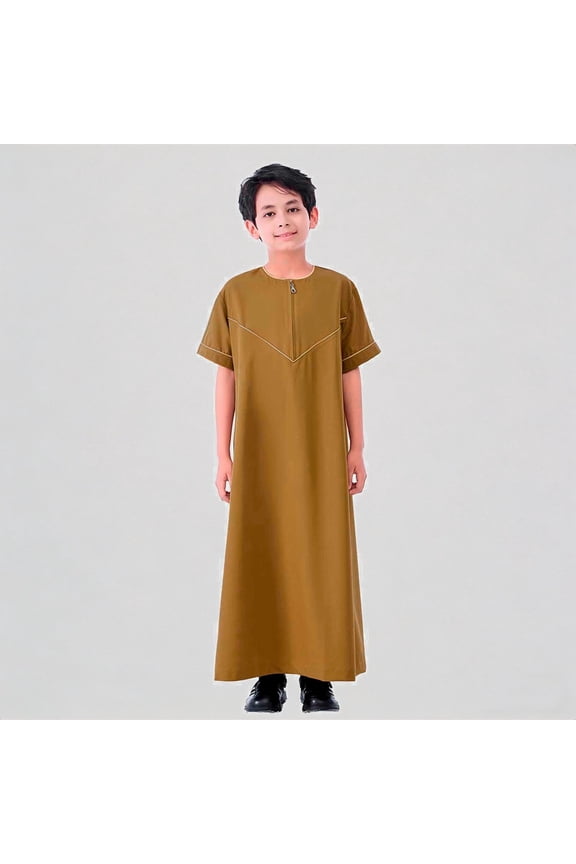 Boys Ethnic Wear Middle Arabic Embroidered Short Sleeve Long Robe Set Traditional Outfit for Kids,7-8 Years