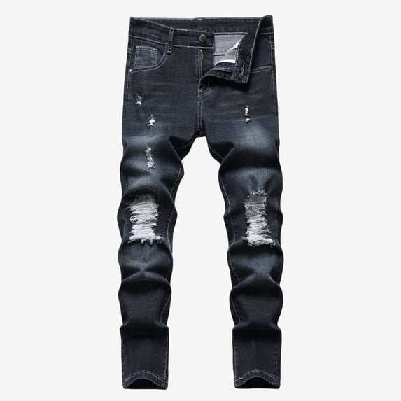 Krdevn Boys' Fashion Ripped Jeans, Straight Leg Denim Pants for Big Kids,X13 Black
