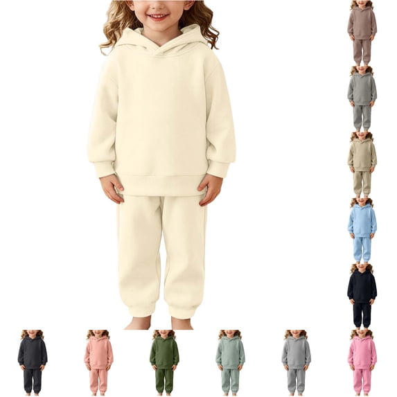 Krdevn Boys Girls 2 Piece Solid Blank Pullover Hoodie and Elastic Jogger Pants Plain Customizable Kids Casual Sweatsuit Set 2-3 Years,Beige