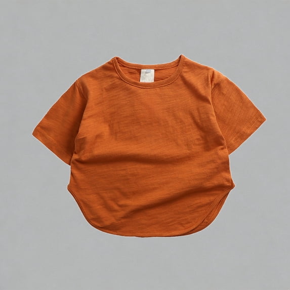 Krdevn Boys Girls Loose-Fit Short Sleeve Curved Hem T-Shirt Soft Slub Cotton Casual Summer Tee,2 Years