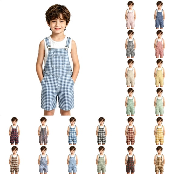Krdevn Boys Girls Plaid/Striped Short Overalls, Adjustable Strap Casual British Style Kids Bib Shorts with Pockets,Blue
