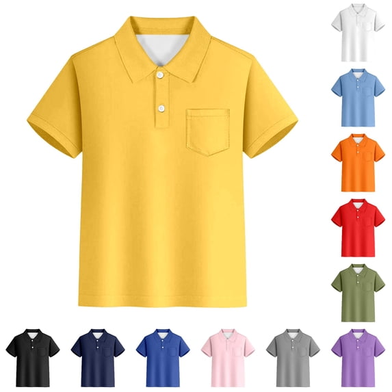 Krdevn Boys Girls Solid Color Short Sleeve Pocket Polo Shirt Cotton School Top Yellow,7-8 Years