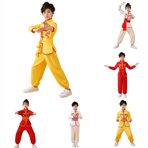 Krdevn Boys & Girls Traditional Kung Fu Outfit, 3-Piece Wushu Training Uniform,Yellow