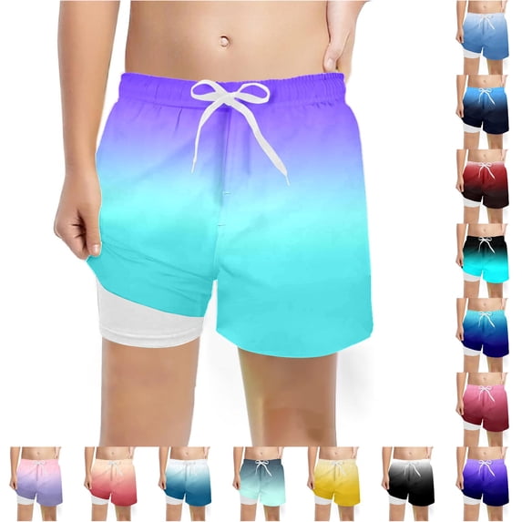 Krdevn Boys Gradient Print Swim Trunks Built-In Compression Liner Adjustable Stretch Casual Shorts Beach Pool Summer Outdoor Wear,6-7 Years