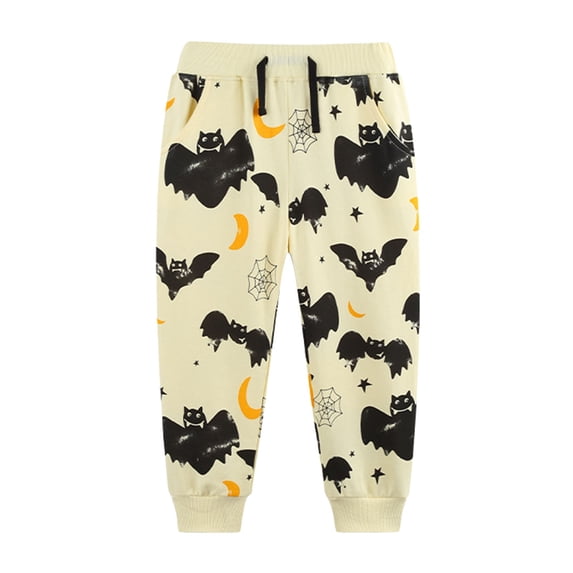 Krdevn Boys Halloween Printed Sweatpants Fall Winter Bat Moon Cuffed Hem Jogger Pants With Pockets 1-2 Years,Beige