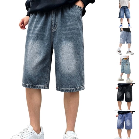 Krdevn Boys Loose Solid Denim Bermuda Shorts, Elastic Waist Casual Knee Length Jean Shorts for Kids 5-14Y,Dark Blue