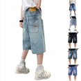 thumbnail image 1 of Krdevn Boys Loose Straight Denim Capri Shorts, Elastic Waist Casual Washed Jean Cropped Pants for Big Kids 4-13Y,Light Blue, 1 of 9