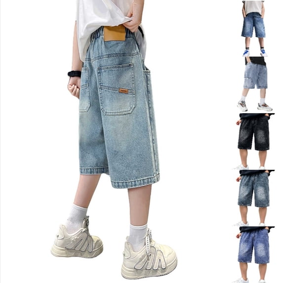 Krdevn Boys Loose Straight Denim Capri Shorts, Elastic Waist Casual Washed Jean Cropped Pants for Big Kids 4-13Y,Light Blue