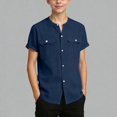 thumbnail image 1 of Krdevn Boys Mandarin Collar Short Sleeve Button Down Shirt With Pockets Summer Casual Kids Top,11-12 Years, 1 of 6