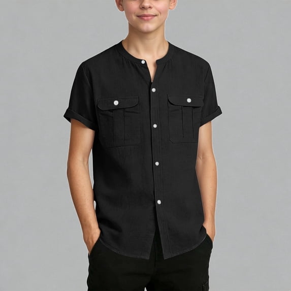 Krdevn Boys Mandarin Collar Short Sleeve Button Down Shirt With Pockets Summer Casual Kids Top,5-6 Years