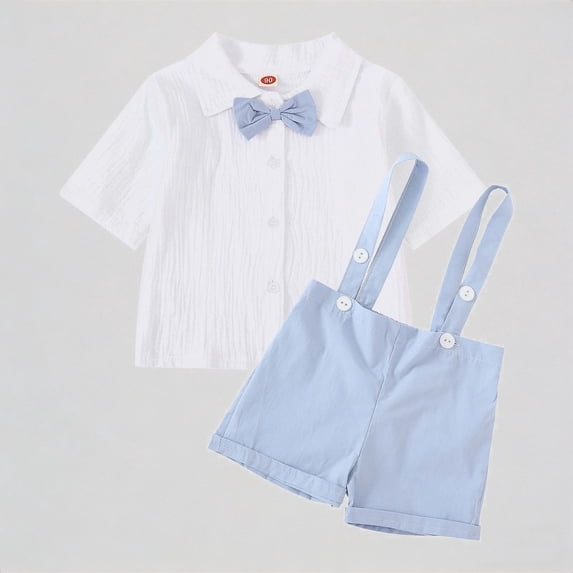 Krdevn Boys Outfits Set Suspenders Romper with Short Sleeve Shirt Comfortable Pure Color Overalls for Daily Wear,5-8 Months