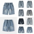 thumbnail image 1 of Krdevn Boys Retro Washed Denim Shorts, Casual Elastic Waist Loose Fit Summer Cargo Jeans,Blue,4-5 Years, 1 of 8