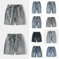 thumbnail image 1 of Krdevn Boys Retro Washed Denim Shorts, Casual Elastic Waist Loose Fit Summer Cargo Jeans,Khaki,4-5 Years, 1 of 8