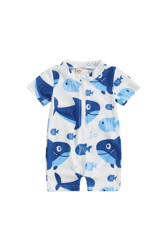 Boys Shark Print Zipper One Piece Swimsuit Short Sleeve UV Protection Rash Guard Baby Bathing Suit,12-18 Months