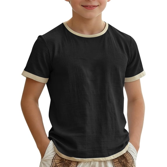 Krdevn Boys Short Sleeve T Shirt Contrast Crew Neck Cotton Linen Tee Size:13-14 Years