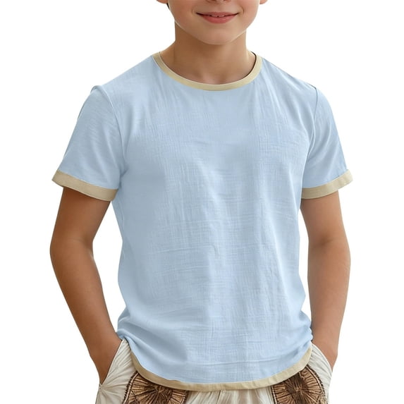 Krdevn Boys Short Sleeve T Shirt Contrast Crew Neck Cotton Linen Tee Size:5-6 Years