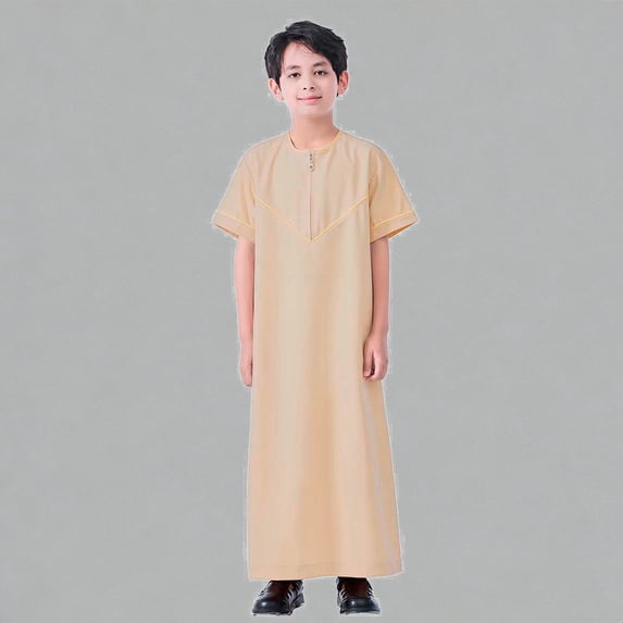 Krdevn Boys Short Sleeve Thobe With Traditional Tunic Robe For Spring & Summer,13-14 Years