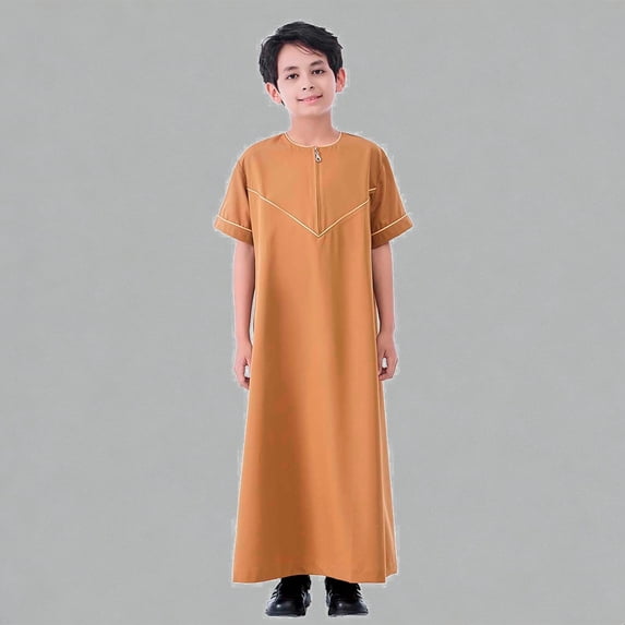 Krdevn Boys Short Sleeve Thobe With Traditional Tunic Robe For Spring & Summer,5-6 Years
