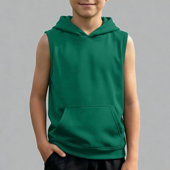 Krdevn Boys Sleeveless Hoodie Tank Top Athletic Workout Shirt With Kangaroo Pocket Kids Muscle Tee,7-8 Years