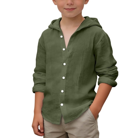Krdevn Boys Solid Color Hooded Button-Down Shirt Lightweight Cotton Long Sleeve for Kids Daily Casual Wear School Outdoor Activities Size:10-11 Years