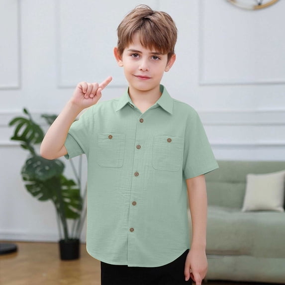 Krdevn Boys Solid Color Linen Short Sleeve Button Down Shirt Casual Dress Shirt with Pockets (5-14 Years)